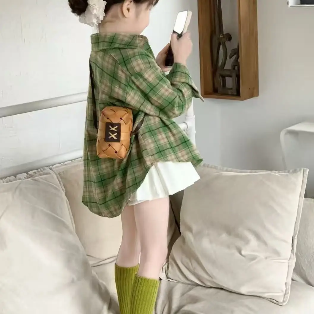 2026 뉴 키즈 여자아이 그린 체크 셔츠 아동 봄 가을 캐주얼 가디건 새로운 스트리트웨어 의류 공주풍 코튼 탑