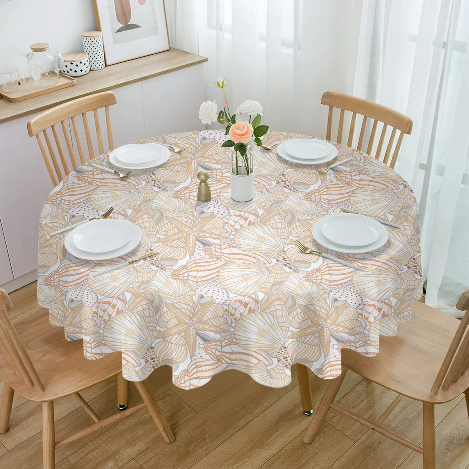 

Ocean Vintage Starfish Shells Round Tablecloth Party Kitchen Dinner Table Cover Holiday Decor Waterproof Tablecloths