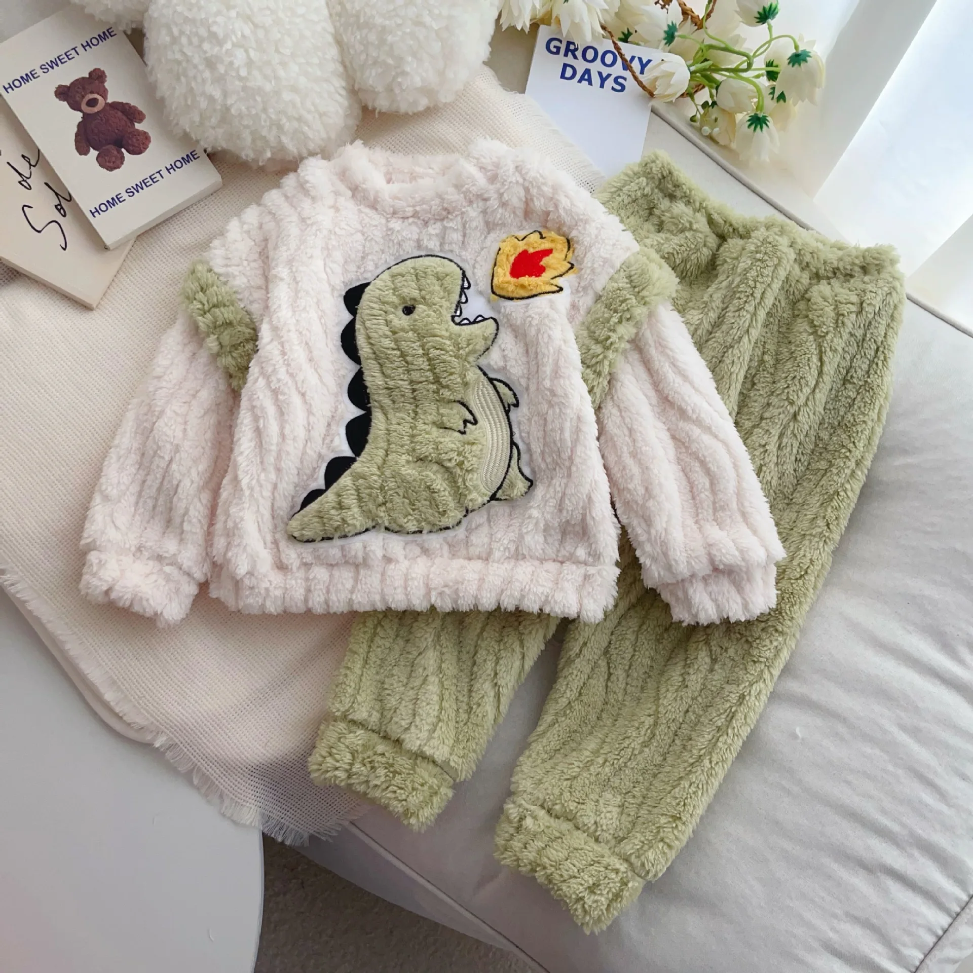 Kuromi Pajamas Flannel Velvet Thicken Tracksuit Plus Cartoon Childrens Clothing  Keep Warm Suit