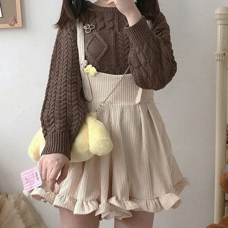 Women Jumpsuit Kawaii Solid Corduroy Jumpsuit Lolita Ruffle Loose Spring Korean Version of Ulzzang Harajuku Casual Soft Clothing