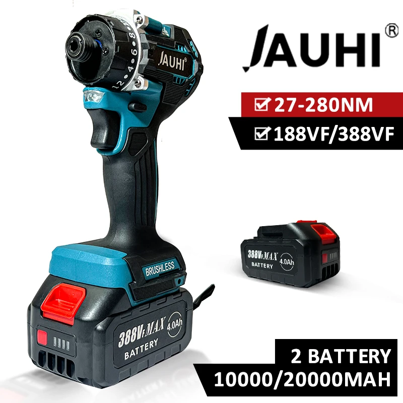 

JAUHI 20+1 Torque 280N.m Brushless Electric Screwdriver Rechargeable Cordless Electric Drill Screw Driver for Makita 18v Battery