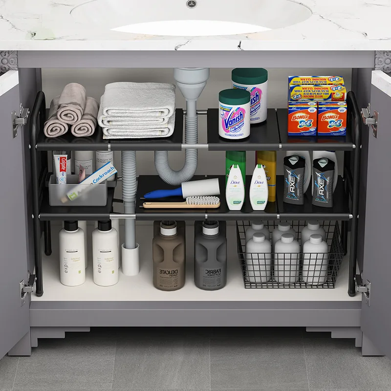  Organizador para debajo del fregadero con estante extensible de  2 niveles para almacenamiento de armario de cocina, baño, color blanco  (tamaño: elástico de 23.6 a 39.4) : Hogar y Cocina