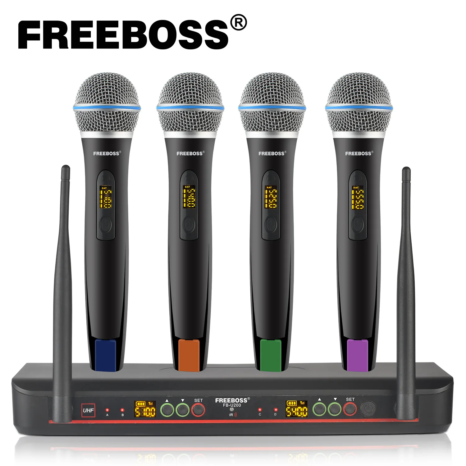 FREEBOSS 4 Handheld Wireless Microphone with Base IR Auto Scan Adjust Frequency UHF Professional Dynamic Mic for Karaoke FB-U200