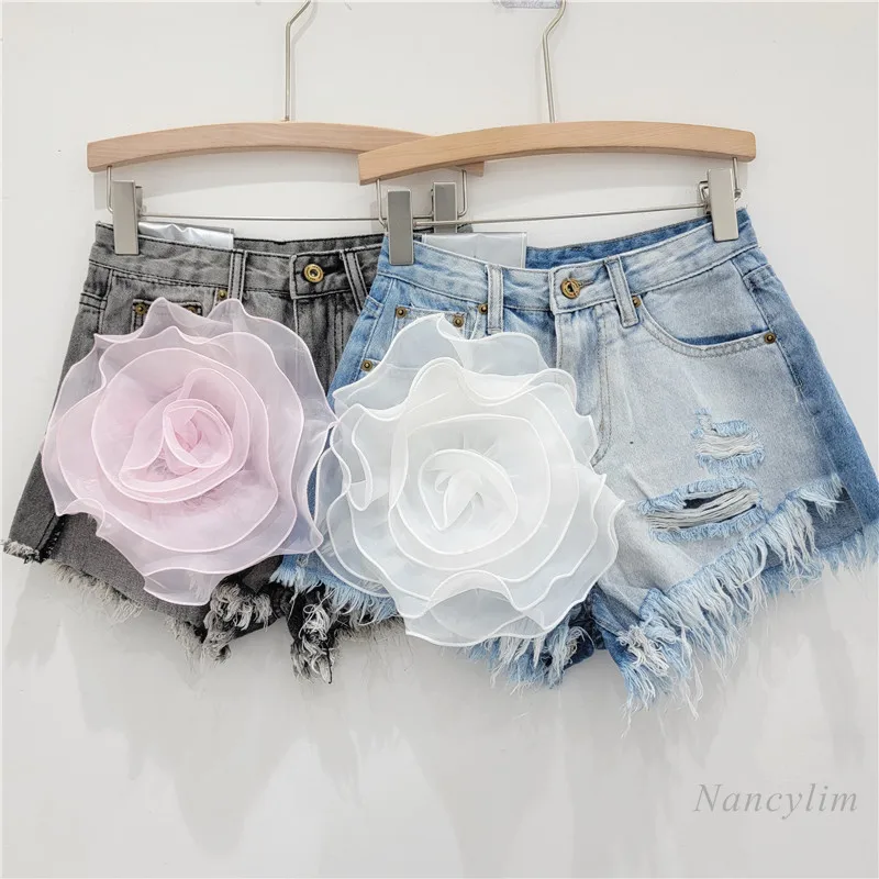 Three-Dimensional Flower Denim Shorts Women's 2024 New American Street Worn Washed-out Frayed A- Line Hot Pants Ins Jean Shorts