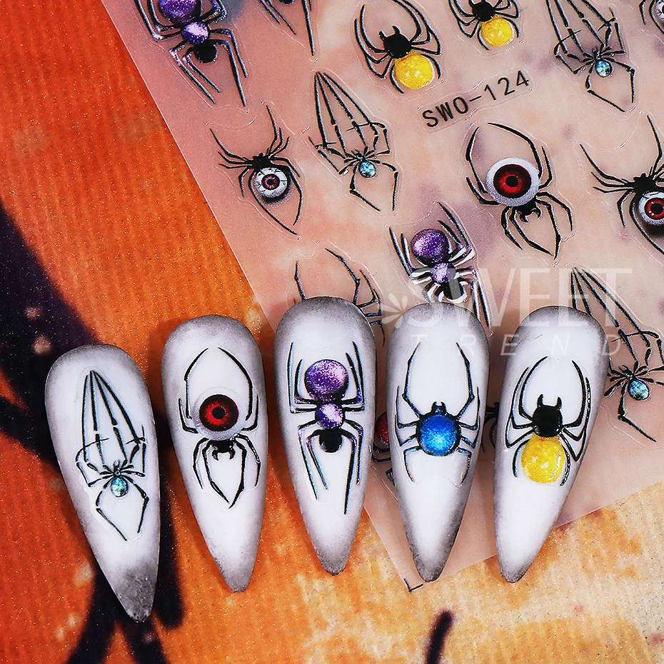 2pcs Halloween Nail Art Stickers Spider Devil's Eye Textured Self-Adhesive Design DIY Gel Polish Nail Decals Manicure Decoration