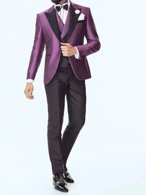 Purple Satin Italian Men Suit Peak Lapel Wedding Suits For Men Custom Slim Fit 3 Piece Groom Tuxedo Prom Blazer Terno Masculino