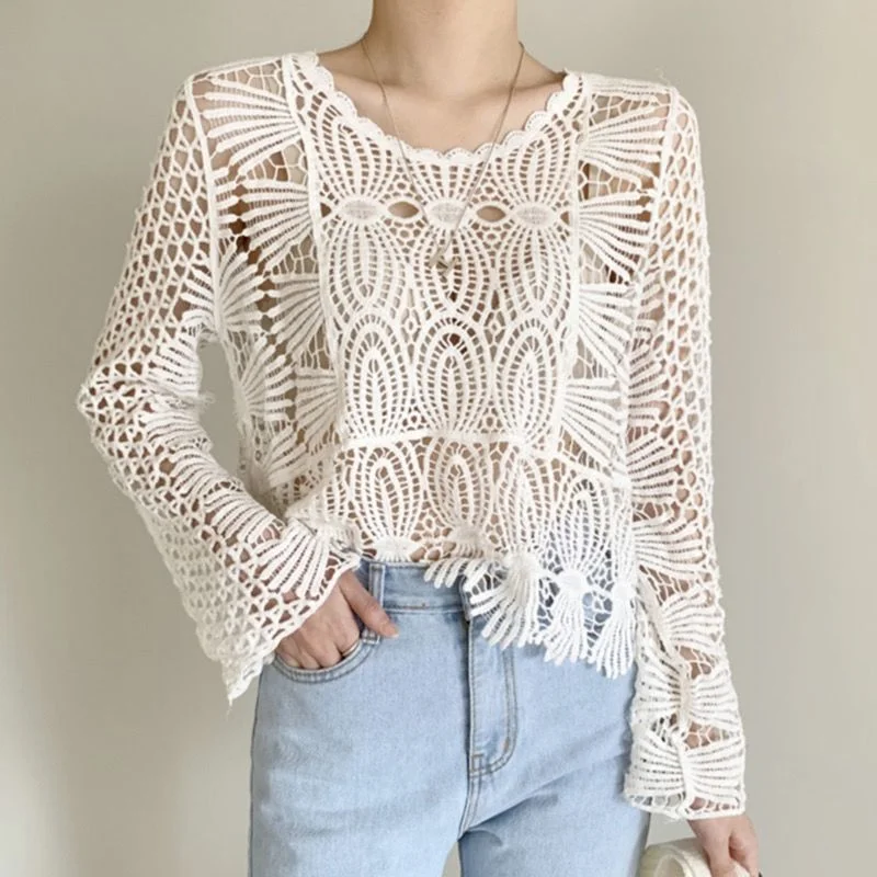 

Летний вязаный солнцезащитный чехол для женщин, пуловер, корейский Свободный пуловер с цветочным узором и крючком, Женский пуловер с воздушным узором