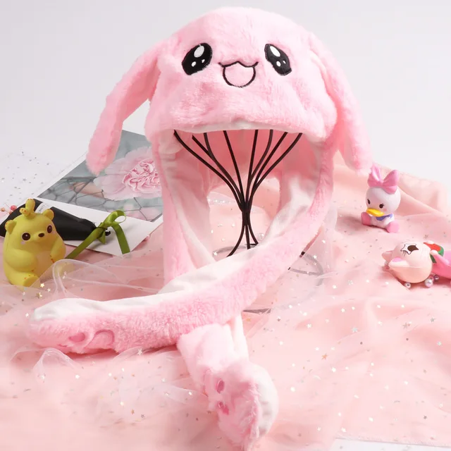 Rabbit Cartoon Hats for Women Child Girls Beanie Winter Plush Bunny Ears Flaps Hats Movable Ears birthday Toy Caps 4