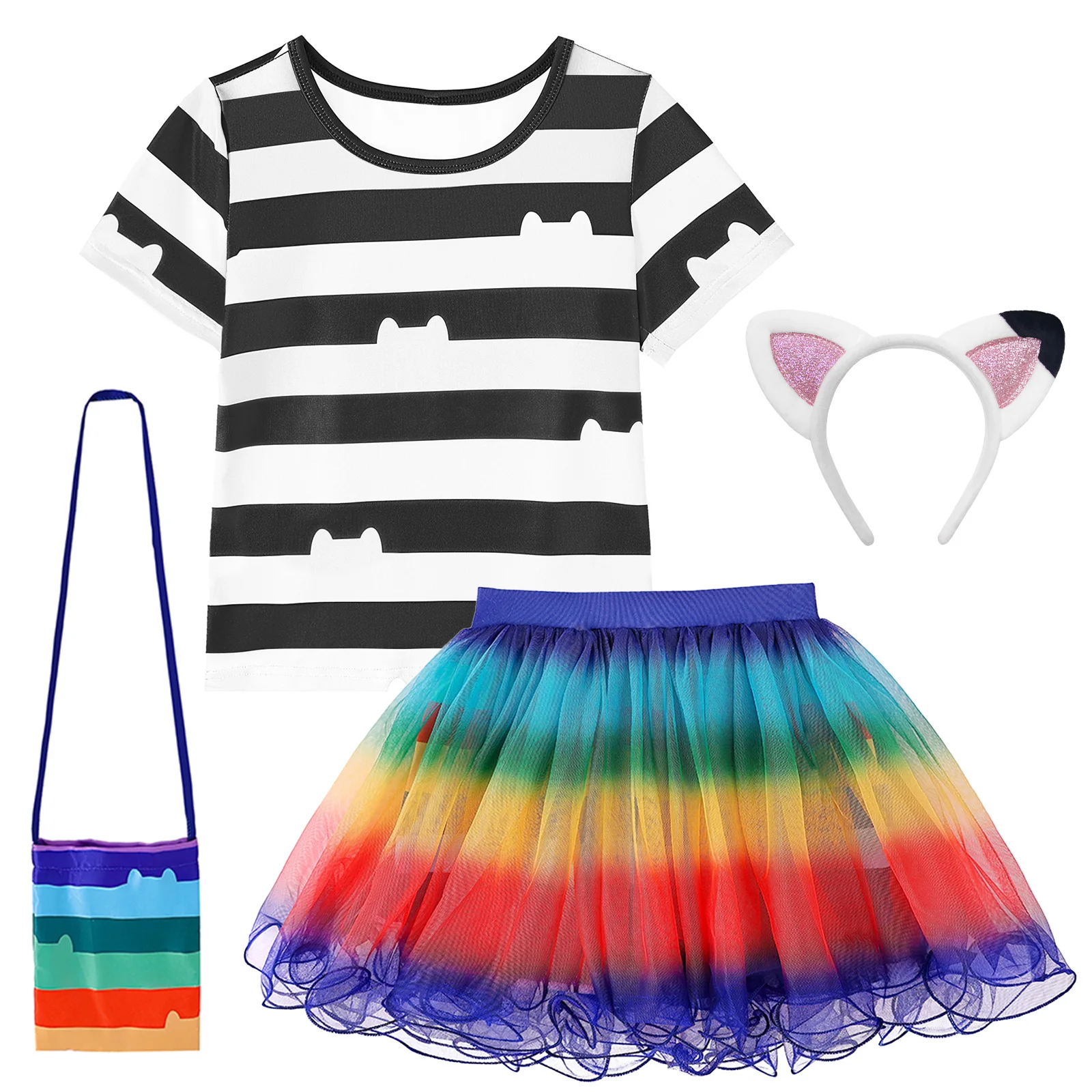 Gabby Dollhouse Girls Costume Children Cosplay Suit Girls Mesh Skirt+Striped Short Sleeved T-Shirt 2PCS Set 2-10Y