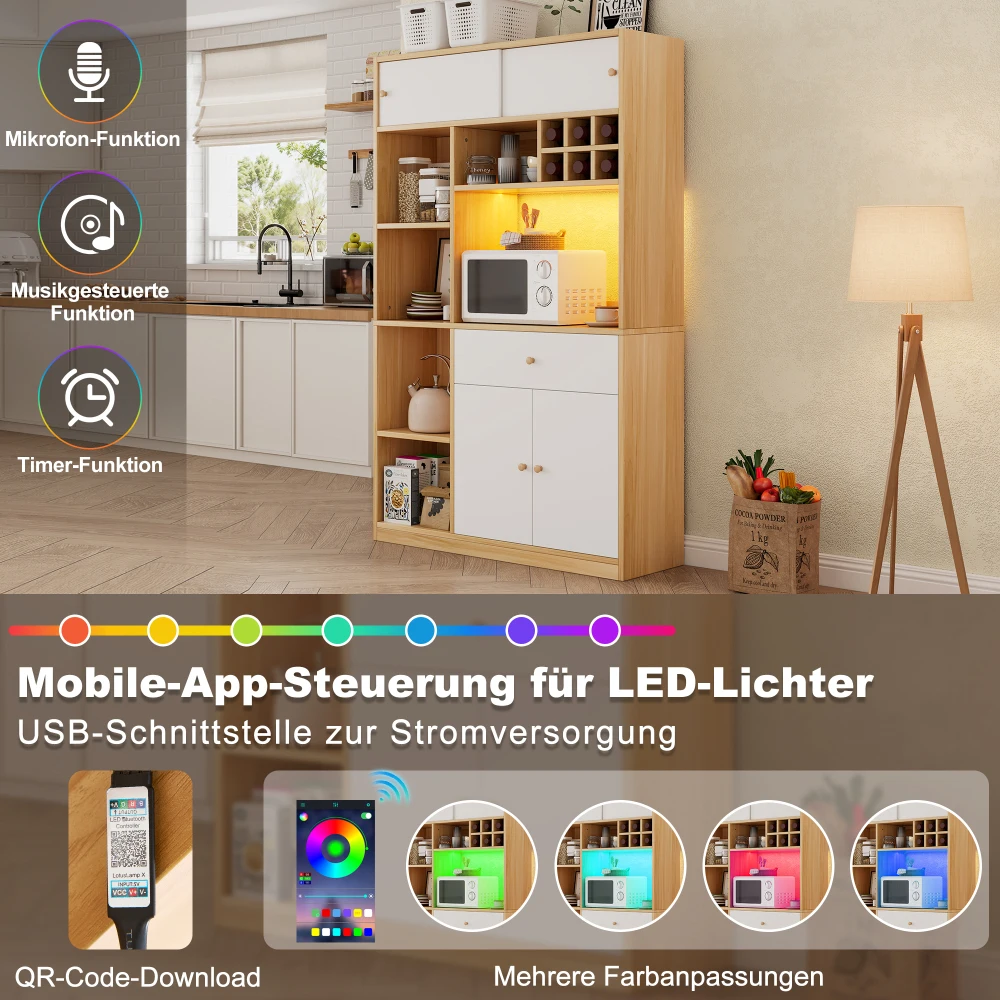 PINGGO Multifunktionaler Küchenschrank mit LED-Beleuchtung im Buffet-Stil 3-Türiger Stauraum für Mikrowelle und Besteck Naturfarben – Detail 7