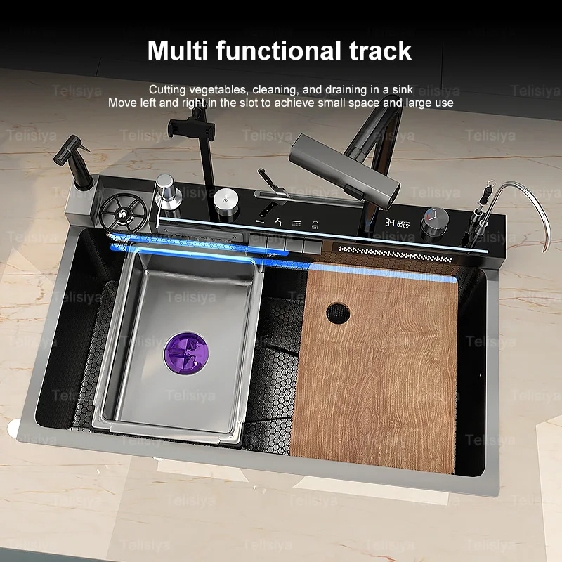 Digital Display Kitchen Sink New Waterfall with Honeycomb Embossed Booster Faucet Large Countertop Basin Single Sink