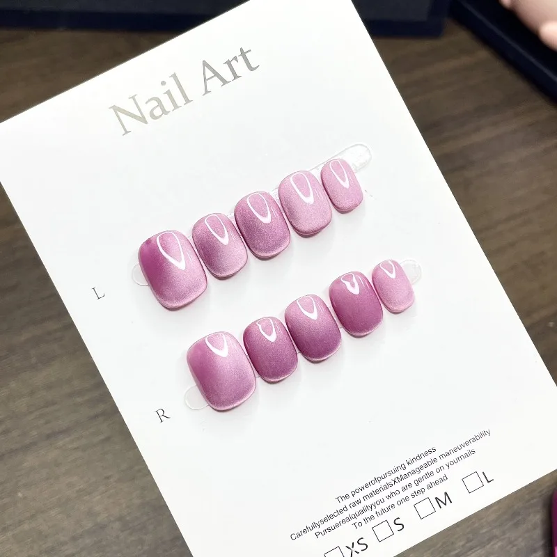 10개입 로즈 퍼플 네일 아트 프레스온 네일즈 순수 수제 로즈 퍼플 캣아이 웨어링 아머 블루 데일리 다용도 숏 빈 아머