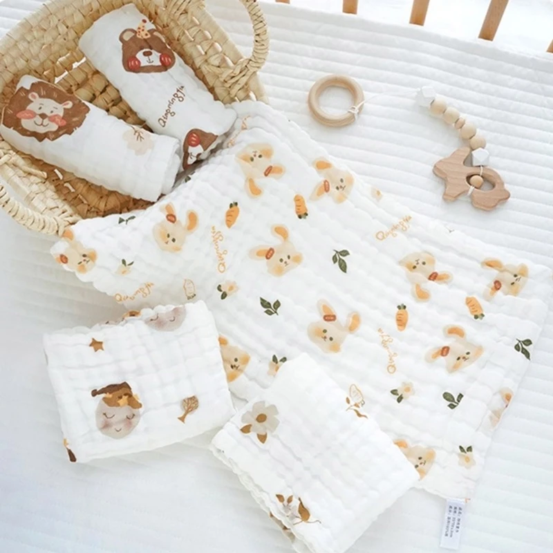 6 Layers Cotton Gauze Baby Towel Cartoon Muslin Long Burp Cloth Square Face Towel Newborn Drooling Bibs Kindergarten Facecloth