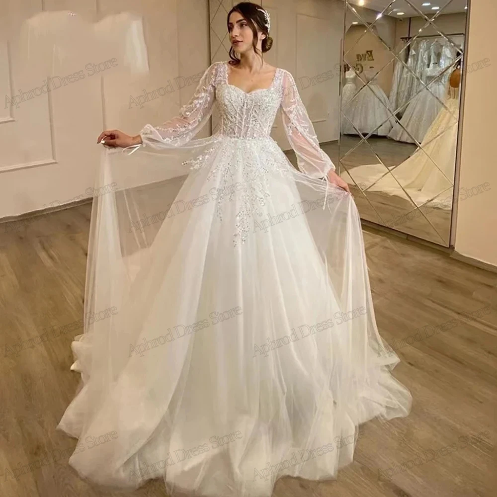 Romantic Wedding Dresses Princess A-Line Ball Gowns Lace Appliques Long Puff Sleeves Tulle Tiered Bridal Vestidos De Novia 2024