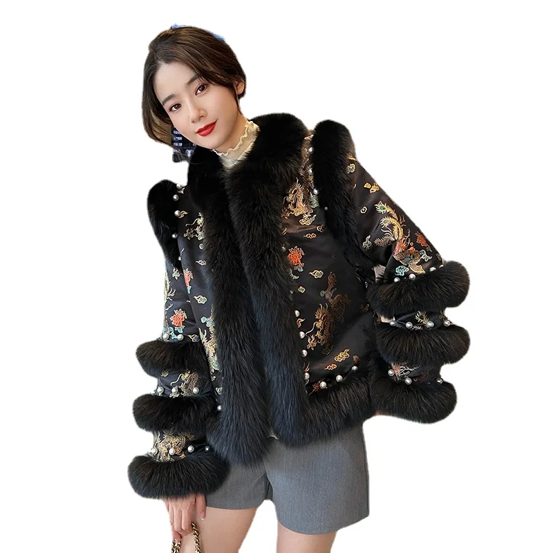 2023 Autumn Winter New Chinese Style Faux Fox Fur Coat for Women Short Chic Young Beaded Cotton-Padded Tang Coat Party Daily
