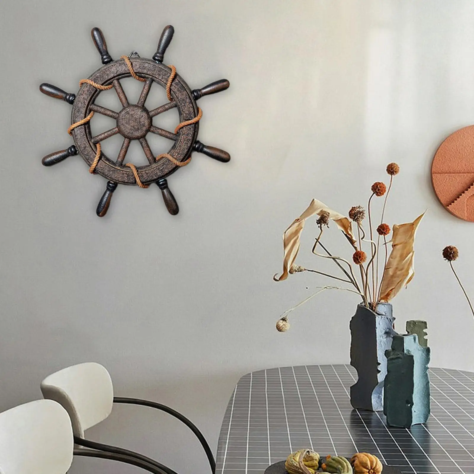 Wall Art Decor Nautical Wheel Wall Sculpture Wooden Ship Steering Wheel Boat Rudder for Club Living Room Bar Fireplace Farmhouse