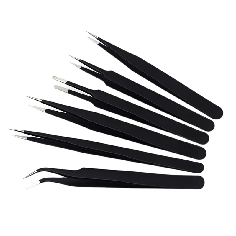 6Pcs Anti-static Stainless Steel Tweezers Maintenance Tool Industrial Precision Curved Straight Tweezers Repair Tools Set