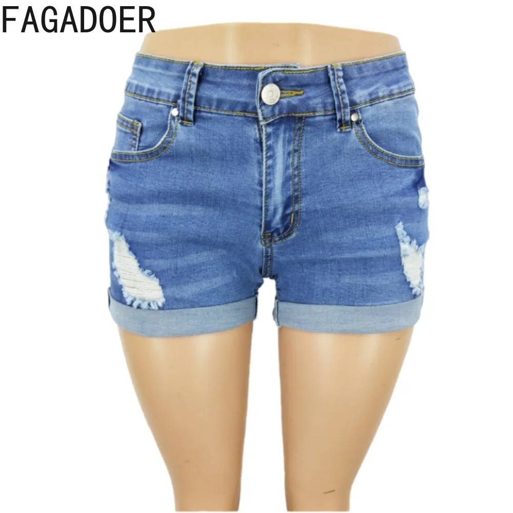FAGADOER Retro Blue Summer New Hole Denim Shorts Women Low-waist Pocket Slim Jean Shorts Fashion Female Matching Cowboy Bottoms