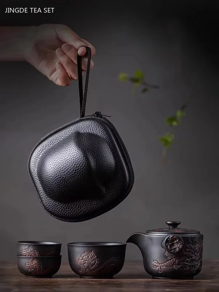 Purple Pottery Dragon Gaiwan Teacup Set Portable Tea Set Outdoor Travel Tea Infuser Retro Teapot and Cup Set Exquisite Teaware