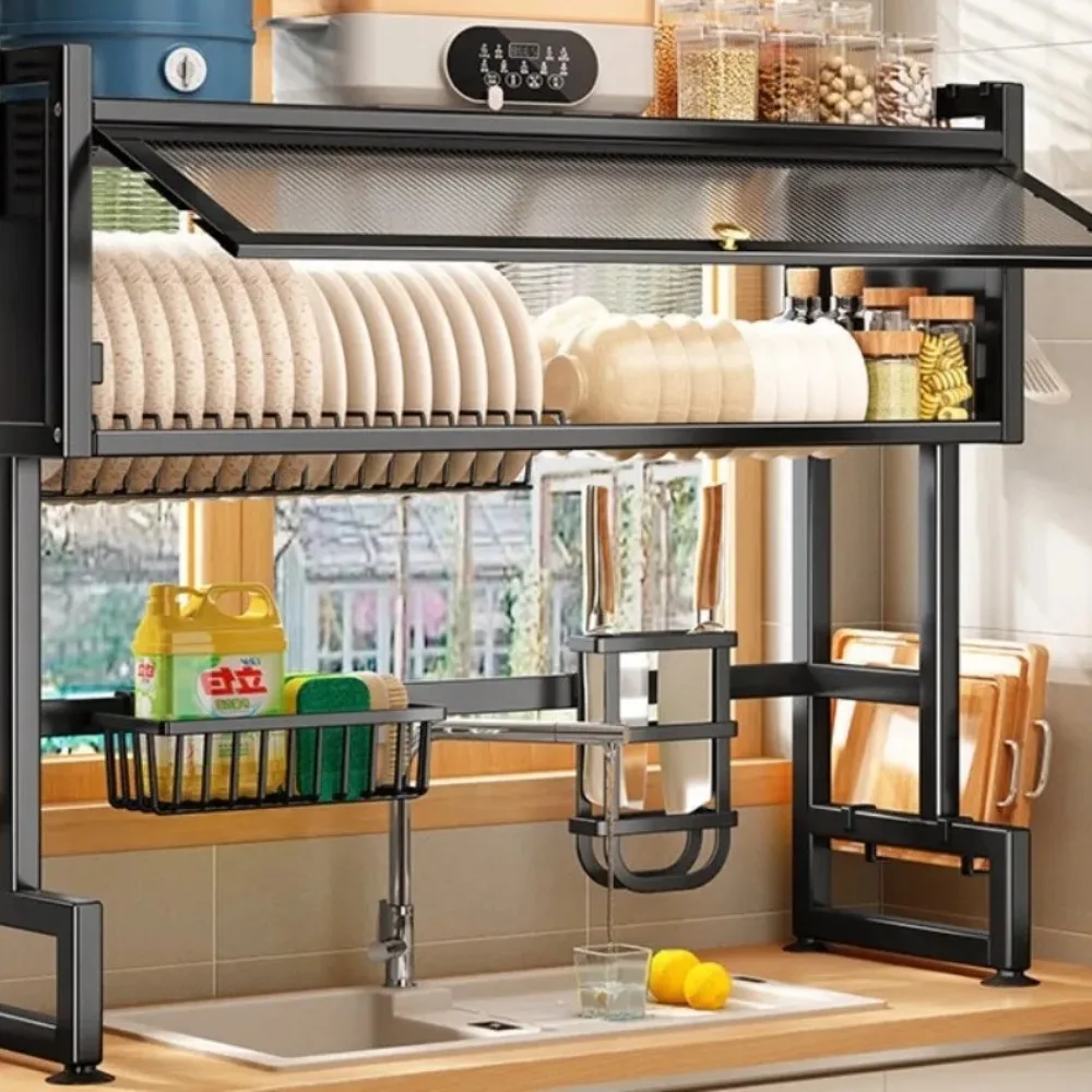 Over The Sink Dish Drying Rack Multi-Functional Countertop Scullery Kitchen Sink Storage Shelf Dish Drain Rack with Cabinet Door 2