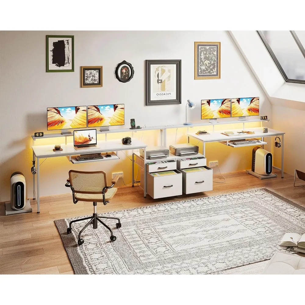 63 Inch Computer Desk with Power Outlet and LED Light, Reversible Office Desk with File Cabinet and Drawer