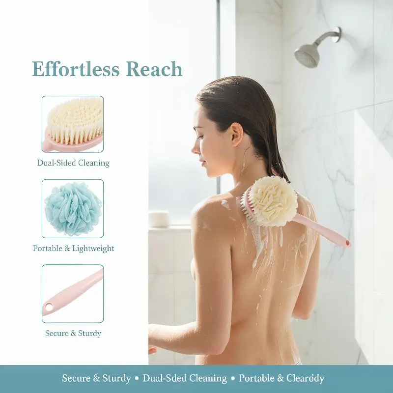 # Spazzola da bagno @Soft Loofah And Bristles per donne e uomini - Spazzola da doccia curva con manico lungo per il corpo, il viso e il lavaggio spa - immagine 3