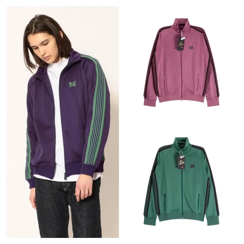 

Needles Green Jacket Mens Womens Butterfly Embroidered Sweatshirt 1:1 Stripe Two-way Zip AWGE Jacket Needles Coat