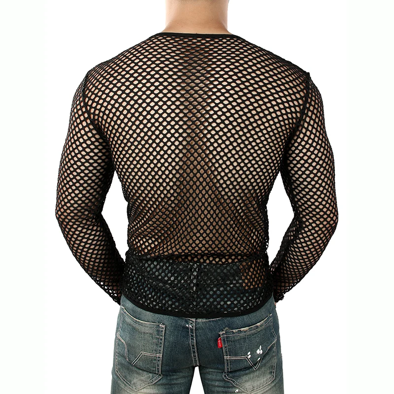 Mens Transparent Sexy Mesh T Shirt  New See Through  Fishnet Long Sleeve Muscle Undershirts Nightclub Party Perform Top Tees - 2