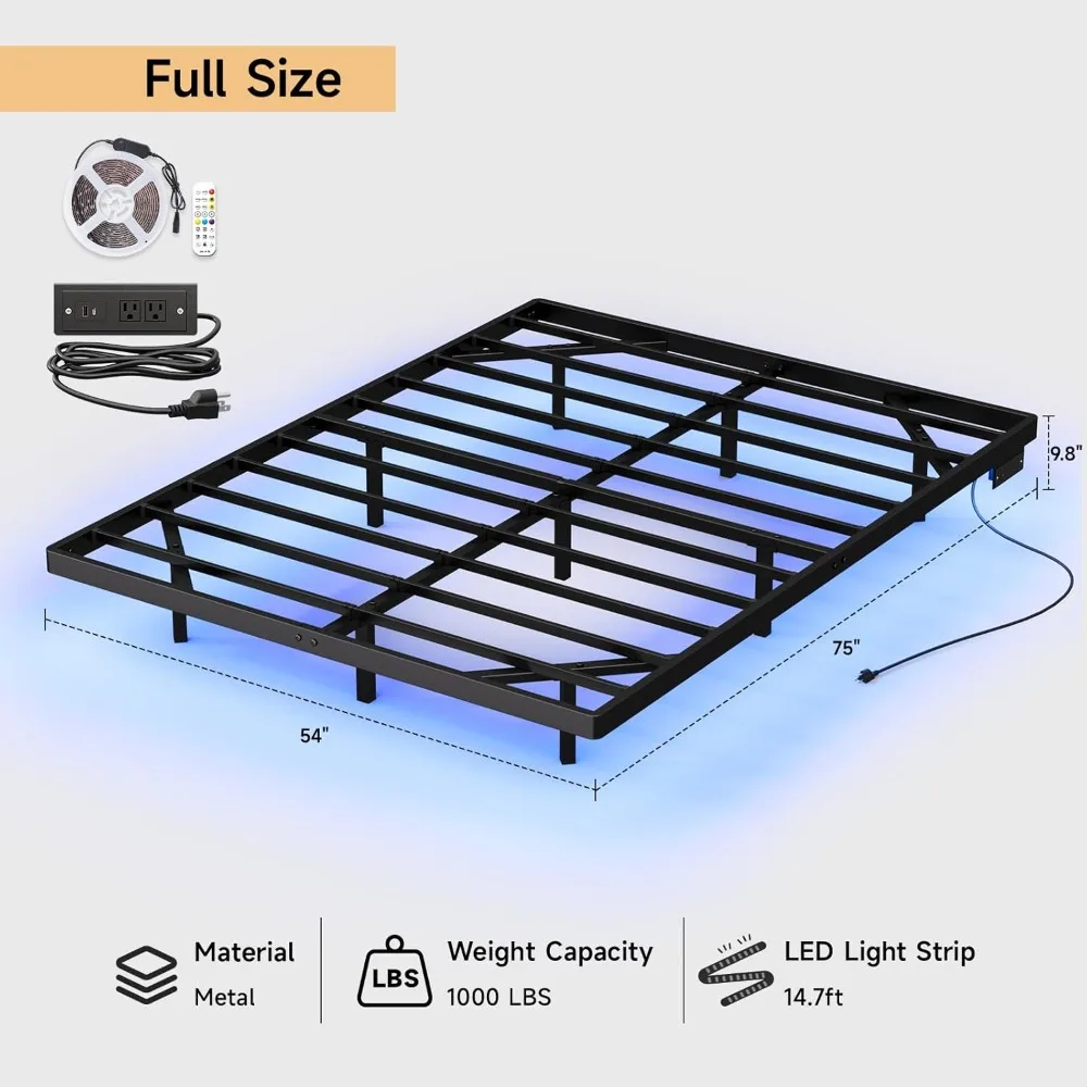 Full Size Floating Bed Frame with USB Charging Station and Smart LED Lights, Heavy Duty Mectal Platform Bed Frame 2