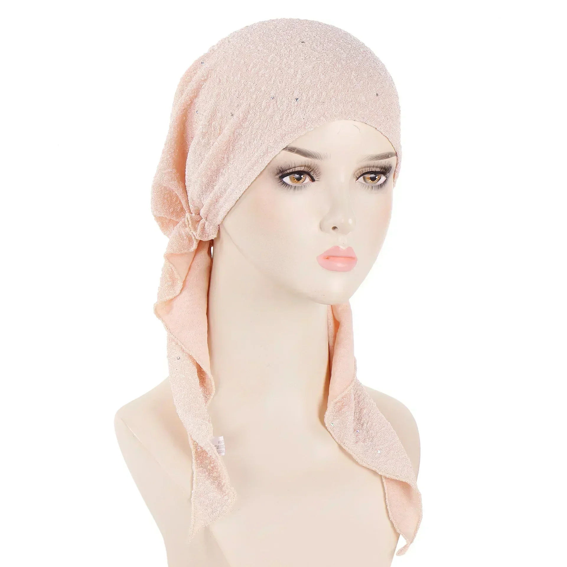 Shimmer Pre-Tied Hat Women Muslim Hijab Turban Long Tail Headscarf Beanies Bonnet Hair Loss Chemo Cap Head Wrap Bandanas muslim headwear head scarf hijab headscarf hijab hats female head wraps