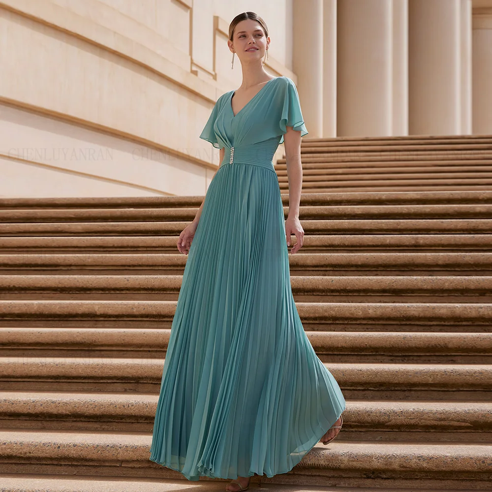 

Green Chiffon Mother of the Bride Dresses 2023 Draped A-line Elegant Wedding Guest Gowns Long Dress Women For Wedding Party