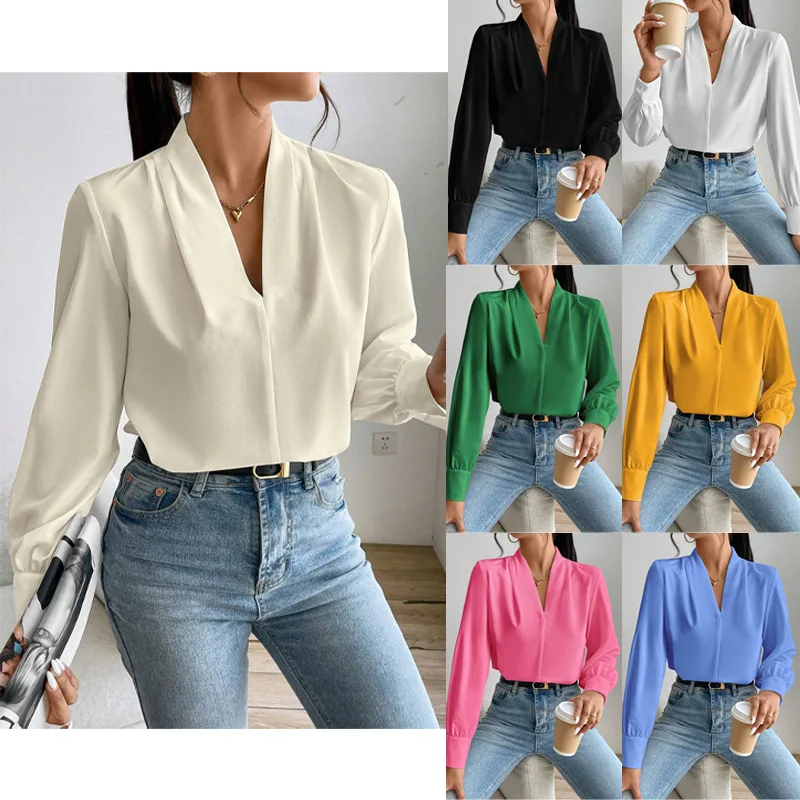 Women Long Sleeve V Neck Slim Fit Blouse for Autumn Workwear