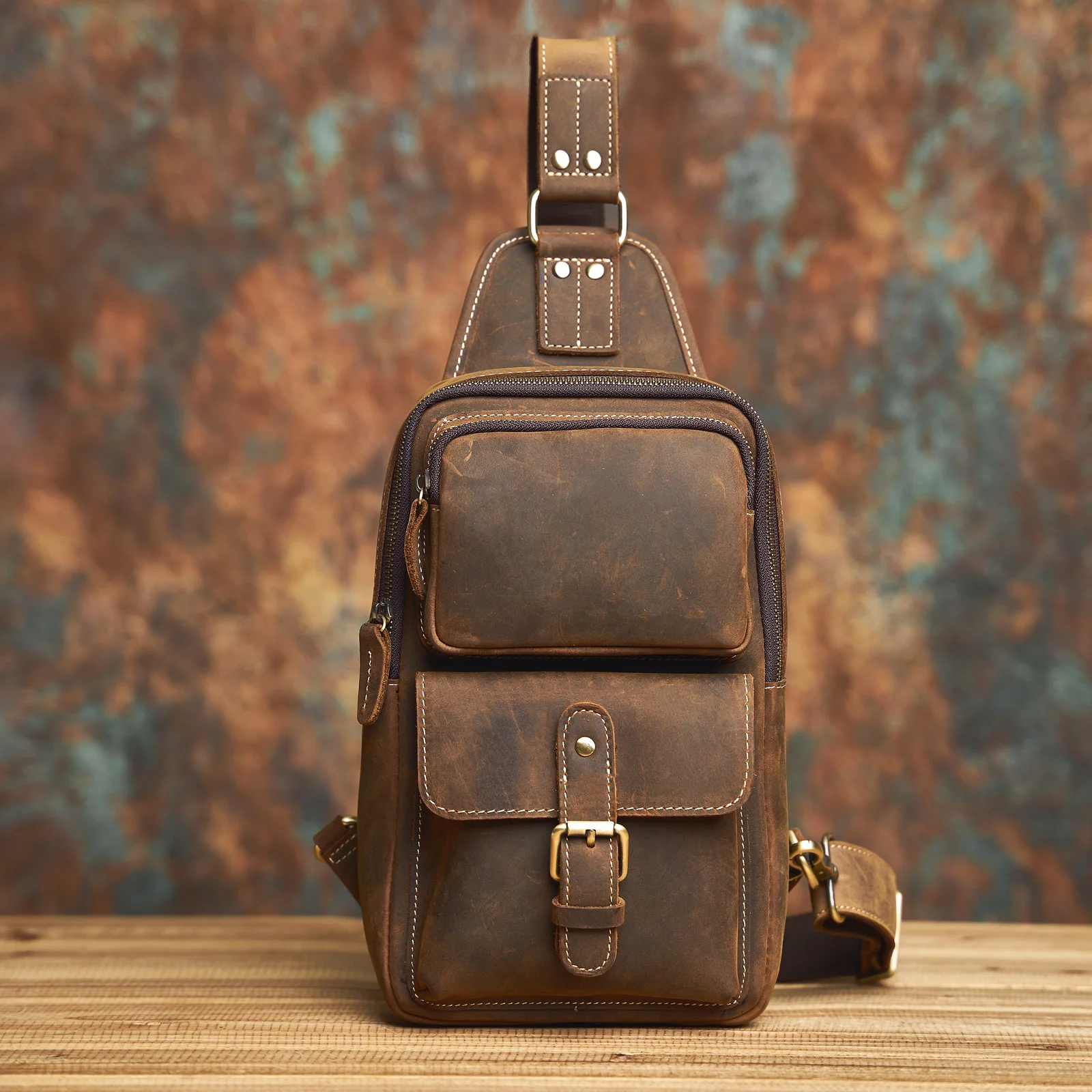 Genuine Leather Mens Sling Bag - Vintage Crossbody Chest Backpack