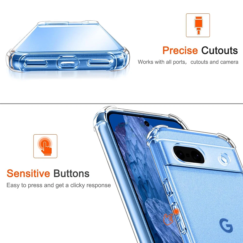 Klare, stoßfeste Handyhülle für Google Pixel 6, 6A, 7, 7A, 8, 8A, 9, 9A, 10 Pro, XL, transparente Silikon-TPU-Abdeckung – Detail 3