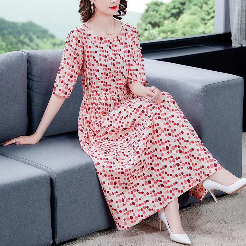 

2023 New Fashion Silk Printed Dress Women's Summer Vintage Round Neck 5/4 Sleeve Loose Fit Casual Holiday Dress Vestidos