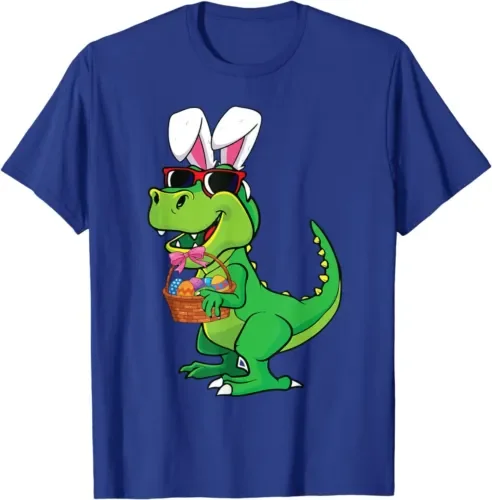Easter Boy T Rex Funny Bunny Dinosaur Eggs Basket Shirt Maniche Lunghe O Corte