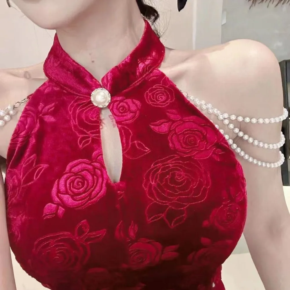 New Hollow Out Modern Qipao Improved Chinese Dress Women Sexy Split Cheongsams Mandarin Collar Pearl Off Shoulder Cheongsam 2024