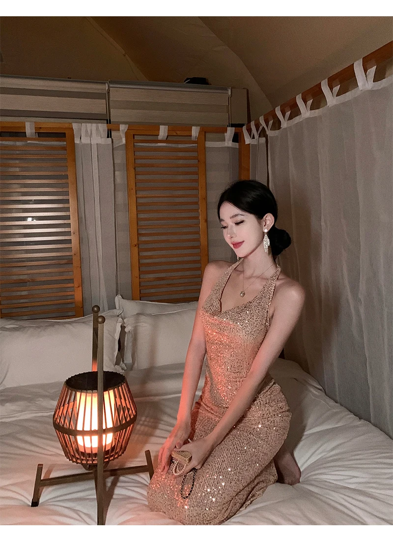 Sexy Bodycon Long Dresses for Women Halter Sleeveless Backless Evening Party Dress Sequined Prom Robe Summer Maxi Vestido Mujer