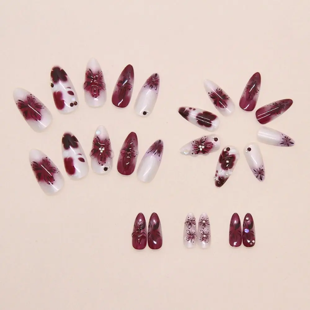 24pcs Manicure Long Almond False Nails Flowers Aurora French Fake Nials Detachable Cat Eye Stars Press on Nails Women