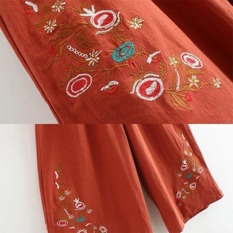 Embroidered Wide-Leg Pants Women's Summer Cotton Linen Style High-Waisted Loose Straight Casual Pants Soft Comfortable Trousers
