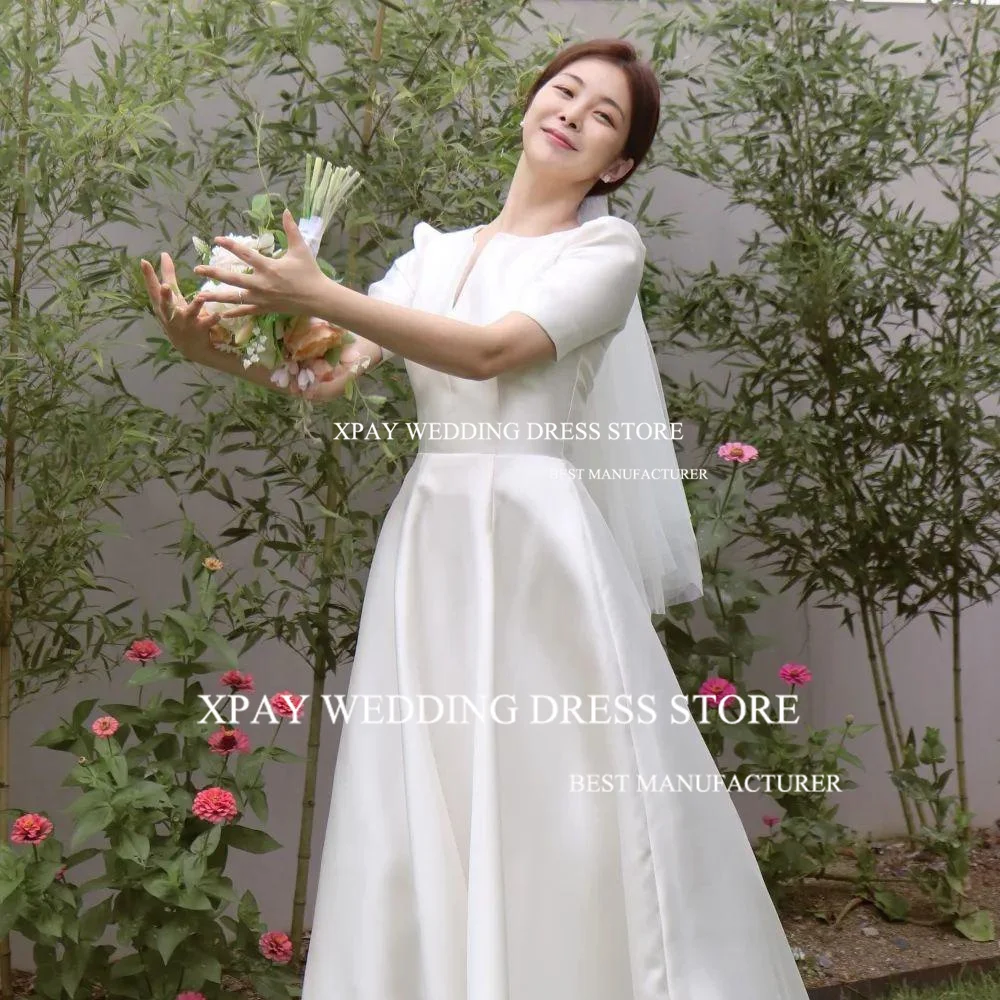 XPAY Simple Soft Satin Korea Wedding Dresses A Line Short Sleeve Sweep Train Bridal Gowns Cut Out V Neck Pleats Bride Dress 2