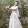 XPAY Simple Soft Satin Korea Wedding Dresses A Line Short Sleeve Sweep Train Bridal Gowns Cut Out V Neck Pleats Bride Dress 2