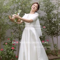 XPAY Simple Soft Satin Korea Wedding Dresses A Line Short Sleeve Sweep Train Bridal Gowns Cut Out V Neck Pleats Bride Dress 2