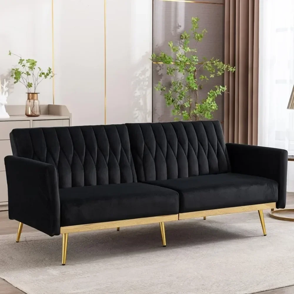 

Sofa Bed Convertible Futon with Golden Metal Legs,70" Tufted Sleeper Futon Sofa Adjustable Armrests Living Room Black Couch
