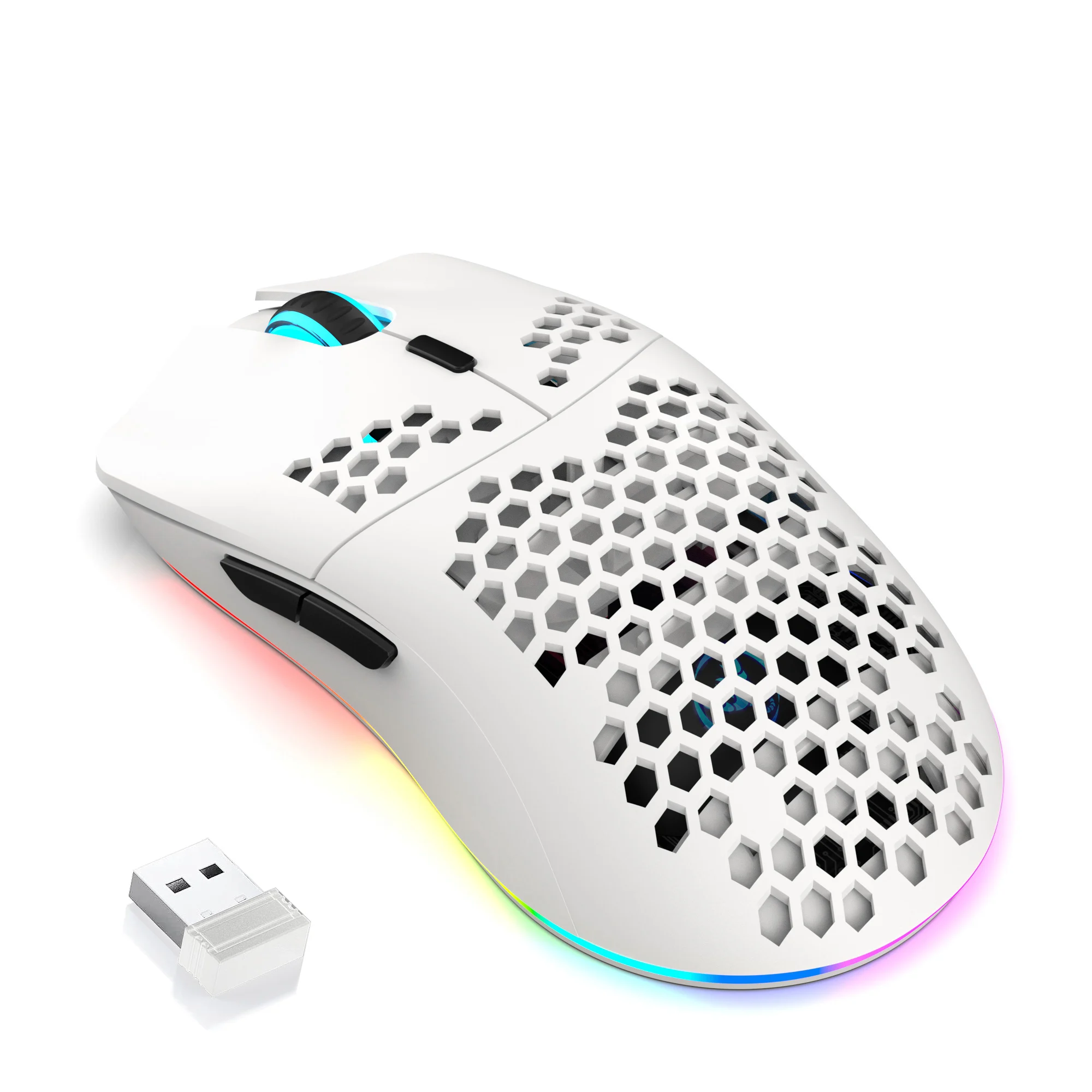 Mouse da Gaming Wireless con Illuminazione RGB, Batteria Ricaricabile, Design a Nido d'Ape, 2.4G USB Plug & Play, Comfort per Destrorsi