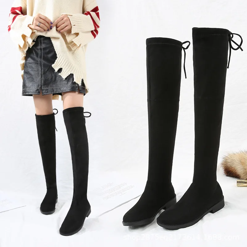 2022 Winter Over The Knee Stretch Boots Women's Fashion Thick Heel Mid-heel Boots Plus Velvet Warm High Tube Flat Skinny Boots