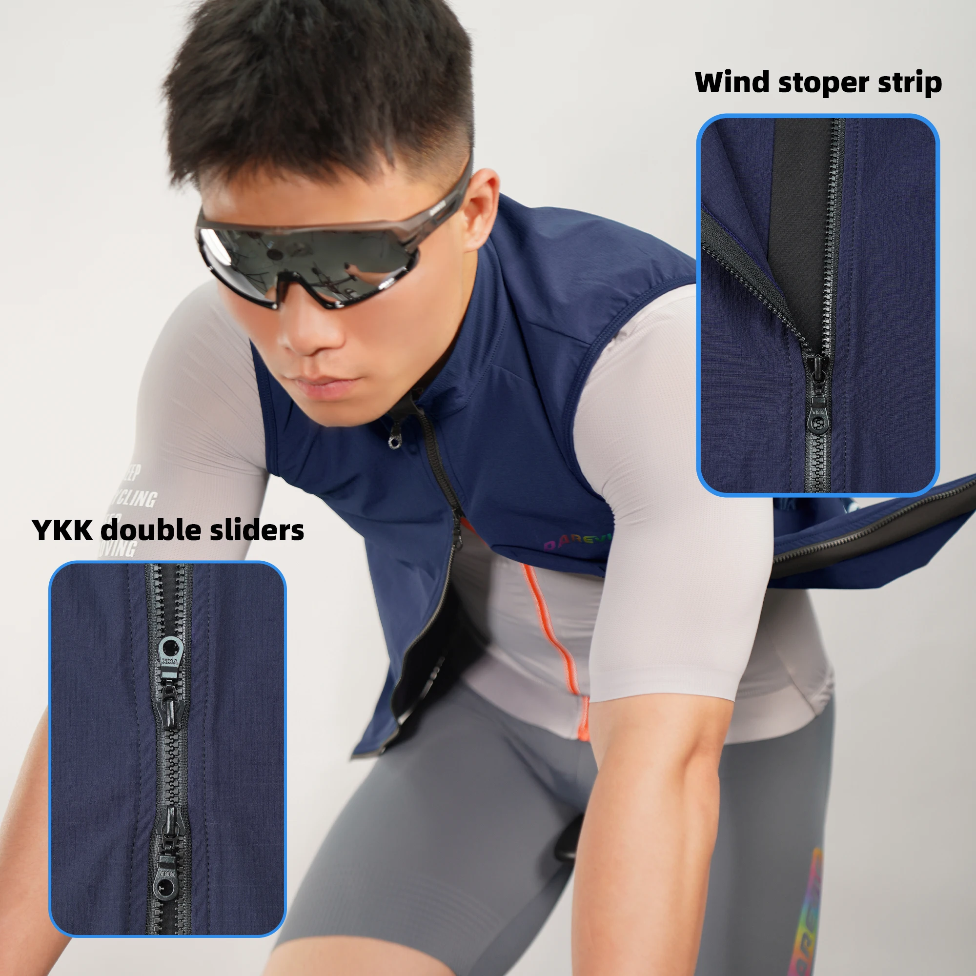 DAREVIE Cycling Vest Windproof Cycling Wind Gilet Waterproof 2 Way Zippers Cycling Windbreaker Back Zipper Pockets Men Women 4