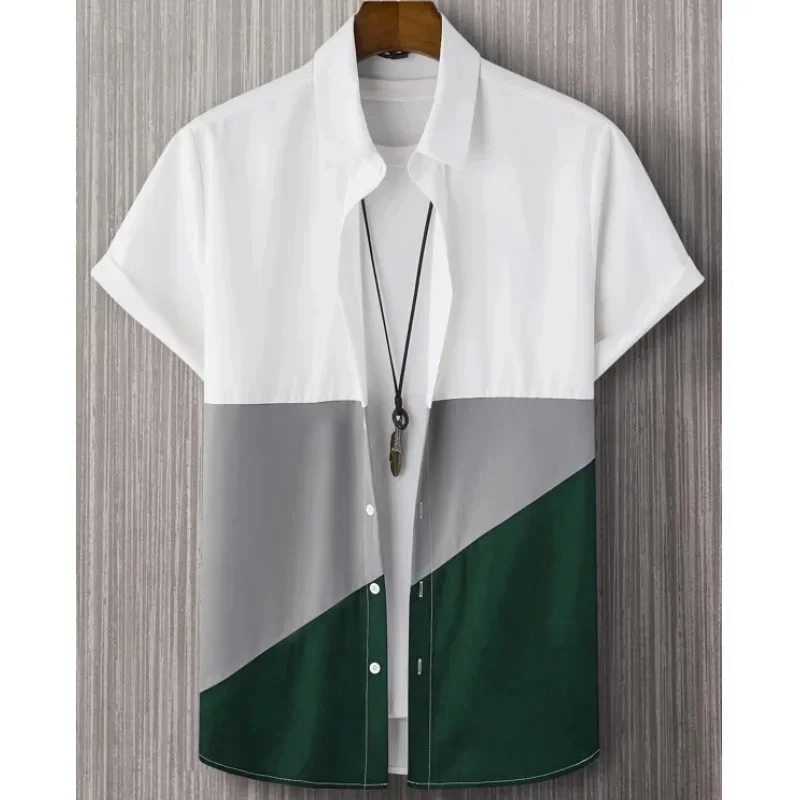 thumbnail image 1 of Camisa con estampado 3D de empalme de contraste de color de moda nueva de verano 2024 para hombre, versátil, informal, holgada, versátil, con cuello abatible y botones, 1 of 4