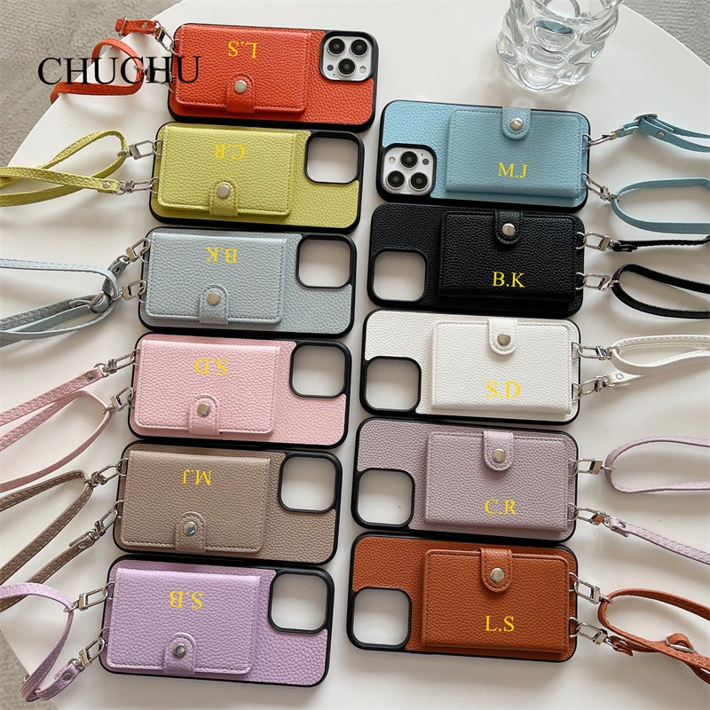 PERSONALIZED Leather Wallet Case With Mirror Custom Name Engraved  Cardholder with Crossbody Strap For iPhone 15 Pro Max 13 12 11 - AliExpress