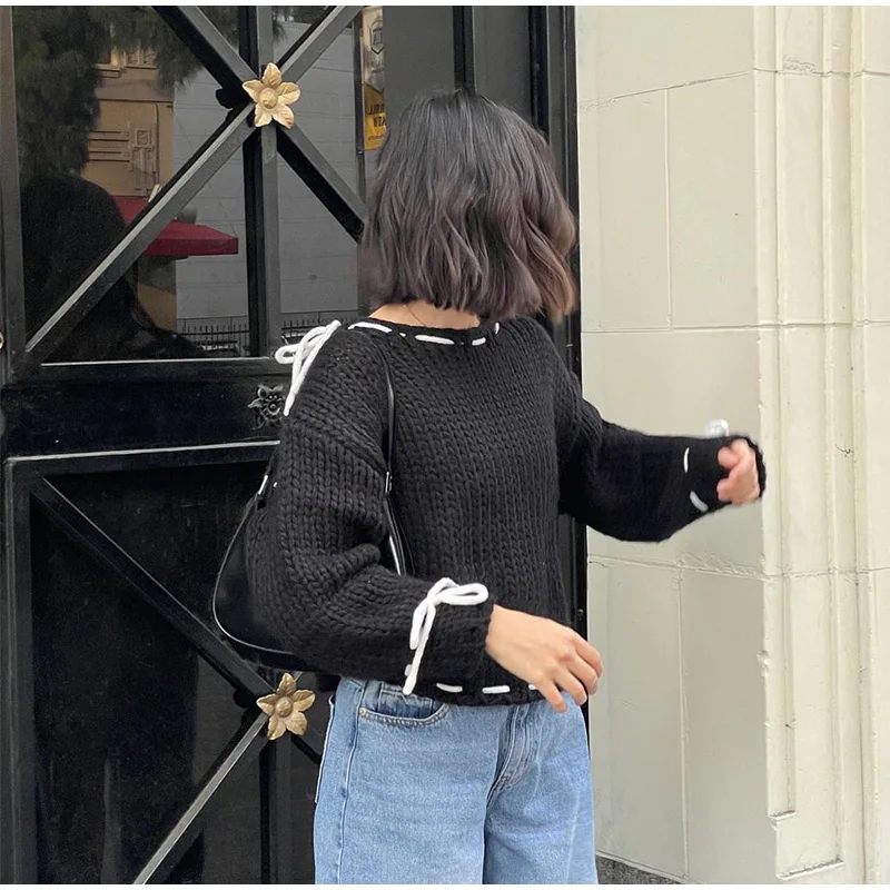 Chic Loose Lace Up Women's Sweater Elegant Round Neck Long Sleeves Pullover Top Lady Autumn Fashion Streetwear